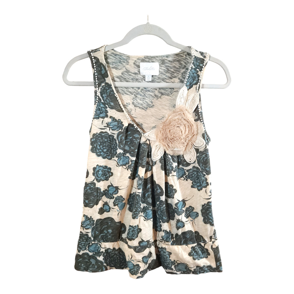 Deletta Anthropologie V-neck Floral Tank Flower Applique Art to Wear Women's S